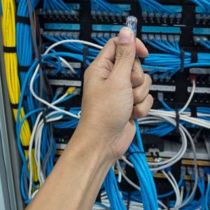 Hand in a fuse box with electrical cables